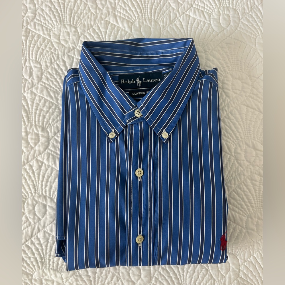 Ralph Lauren Classic Shirt Button Up - 17, XL Blue Stripes RN 41381 Pony Logo